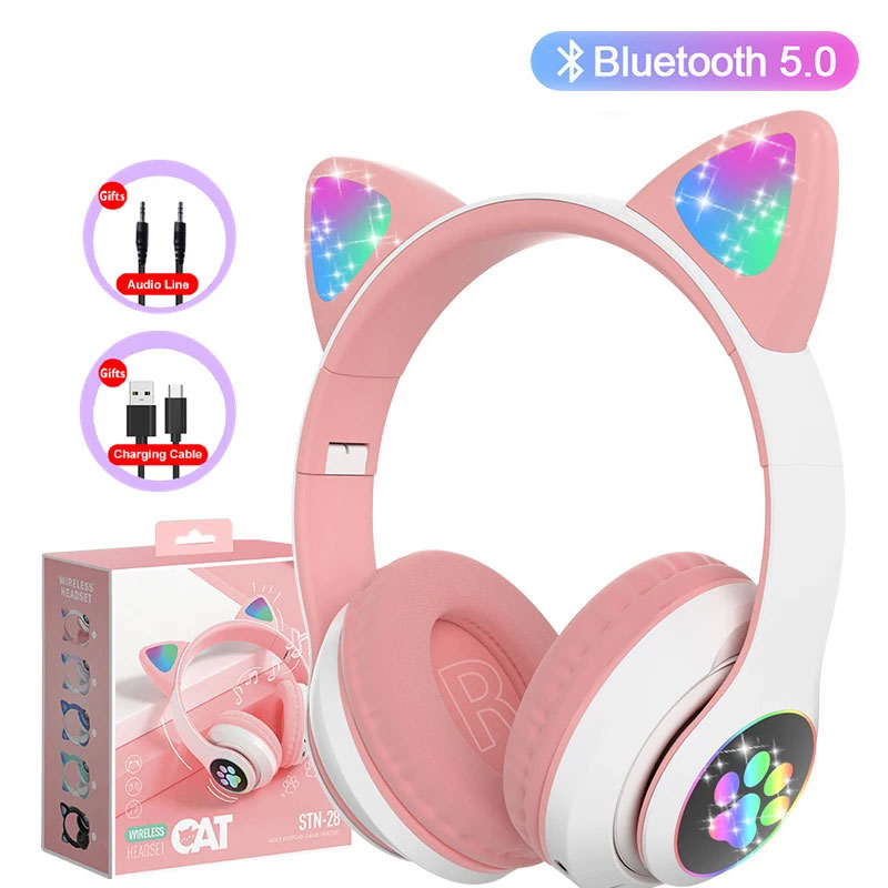 Outdoor Sport Activities For Kids - แฟลชโคมไฟหูแมวน่ารักหูฟัง Bluetooth5.0 สเตอริโอพร้อมไมโครโฟนรองรับ TF Card ไร้สายเด็กผู้หญิงหูฟังของขวัญวันเกิด