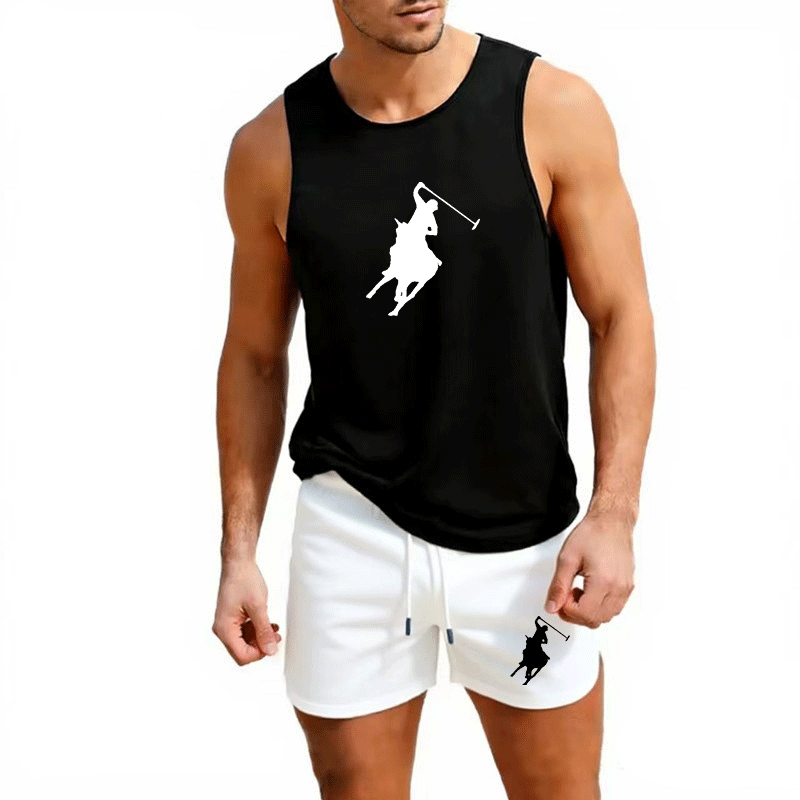 Outdoor Sportswear - ชุดเสื้อกั๊กและกางเกงขาสั้นฤดูร้อนสำหรับผู้ชายสไตล์ยุโรป ชุด 2 ชิ้น ชุดออกกำลังกายกลางแจ้ง ชุดกีฬาแฟชั่นลำลอง