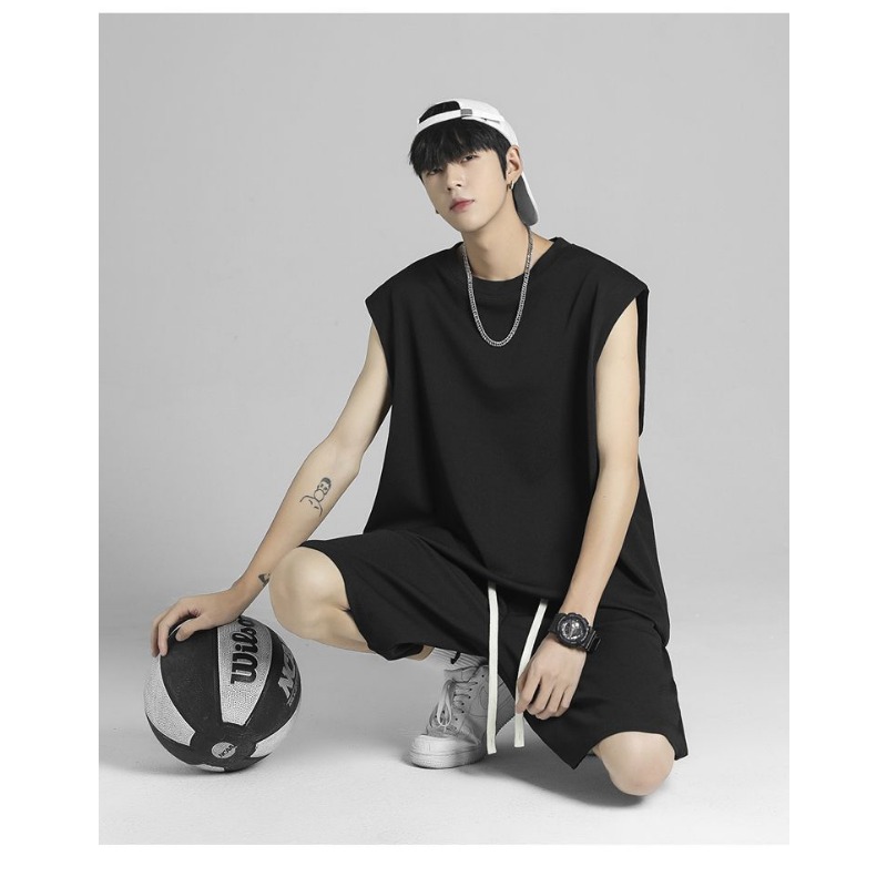 Outdoor Sportswear - ชุดเซ็ตเสื้อกล้ามและกางเกงขาสั้นผ้าไอซ์ซิลค์แห้งเร็ว สไตล์ฮิปฮอปสตรีทแฟชั่น สำหรับผู้ชาย เหมาะสำหรับใส่เล่นกีฬา บาสเก็ตบอล หรือใส่ลำลองในชีวิตประจำวันและกิจกรรมกลางแจ้ง