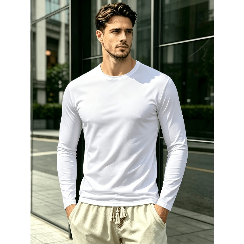 Outdoor Sportswear - เสื้อยืดแขนยาวคอกลมสีพื้น เสื้อยืดลำลองสำหรับกีฬากลางแจ้ง, เสื้อผ้าลำลองสำหรับกิจกรรมกลางแจ้ง, เสื้อกระชับสัดส่วนสำหรับออกกำลังกาย ทันสมัย