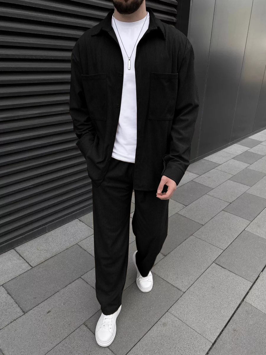 Outdoor Sportswear - ชุดเซ็ตสองชิ้นผ้าลูกฟูกสำหรับผู้ชาย: เสื้อเชิ้ตแขนยาวติดกระดุมและกางเกงขายาวทรงกว้าง ชุดลำลองสปอร์ตแฟชั่นแนวสตรีท