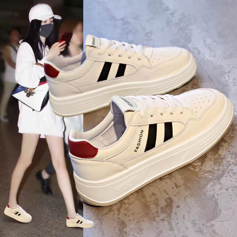 Outdoor Sports Shoes - รองเท้าผ้าใบเสริมส้นสำหรับผู้หญิง จัดส่งฟรี น้ำหนักเบา ระบายอากาศได้ดี สีขาว รองเท้าเดินพื้นหนา
