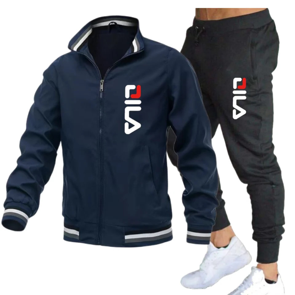 Outdoor Sport Jacket Men - ชุดลำลองผู้ชายสำหรับฤดูใบไม้ร่วงและฤดูหนาวใหม่ ชุดกันลมสำหรับกิจกรรมกลางแจ้ง เสื้อแจ็คเก็ตคอตั้งแบบมีซิป + กางเกงกีฬา ชุด